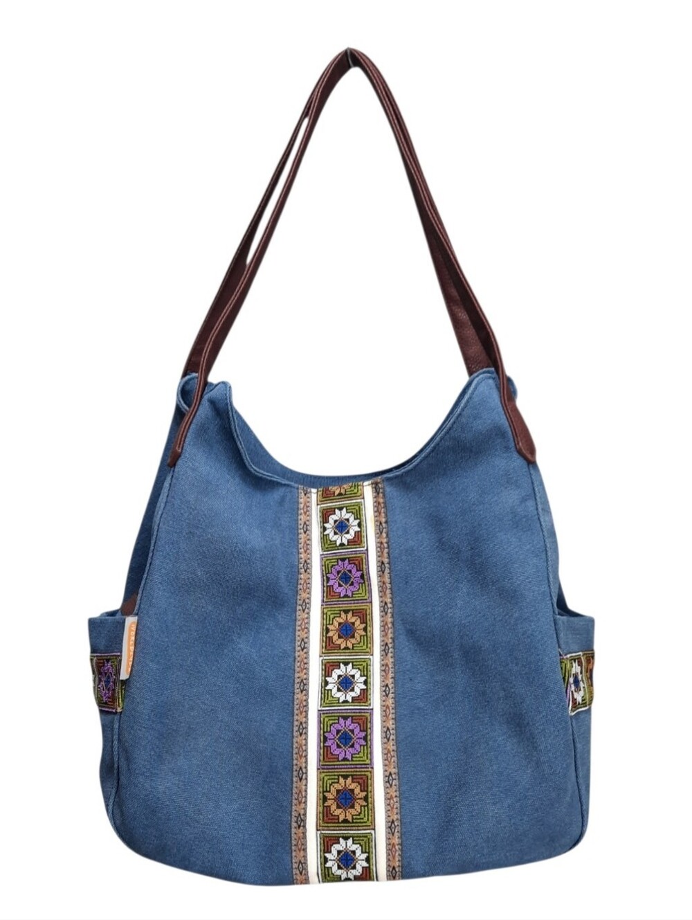 Worldlyda Denim Blue Canvas Tapestry Boho Shoulder Tote Bag